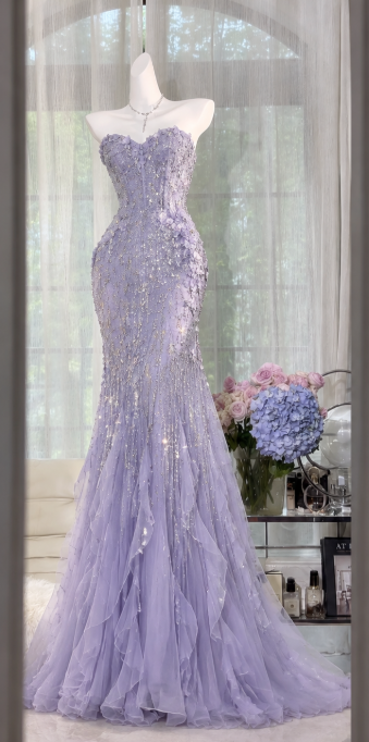 Glam Lilac Beaded Prom Dress Sheath Tulle Long Evening Dress ED11279