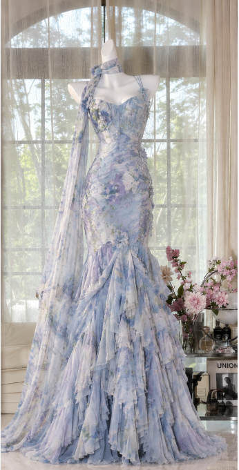 Glam Pale Blue Floral Prom Dress Sheath Chiffon Long Evening Dress ED11282