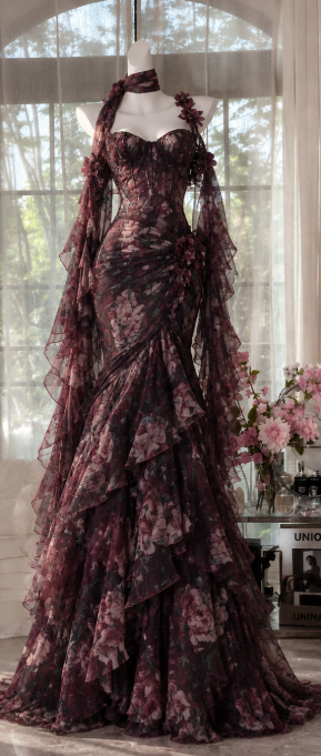 Glam Burgundy Floral Prom Dress Sheath Chiffon Long Evening Dress ED11283