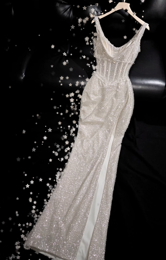 Glam White Prom Dress Sheath Sequins Long Evening Dress ED11284