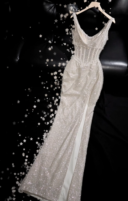 Glam White Prom Dress Sheath Sequins Long Evening Dress ED11284