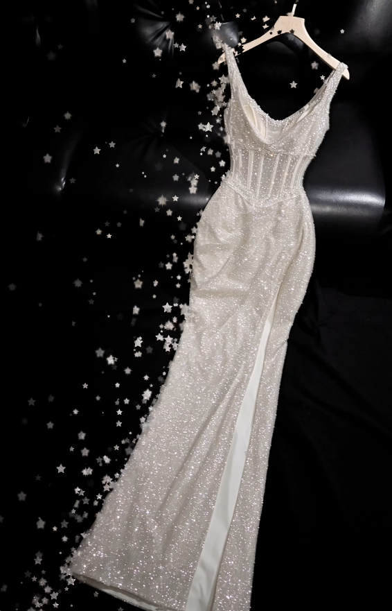 Glam White Prom Dress Sheath Sequins Long Evening Dress ED11284