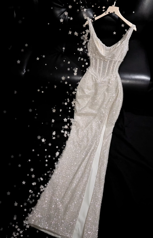 Glam White Prom Dress Sheath Sequins Long Evening Dress ED11284