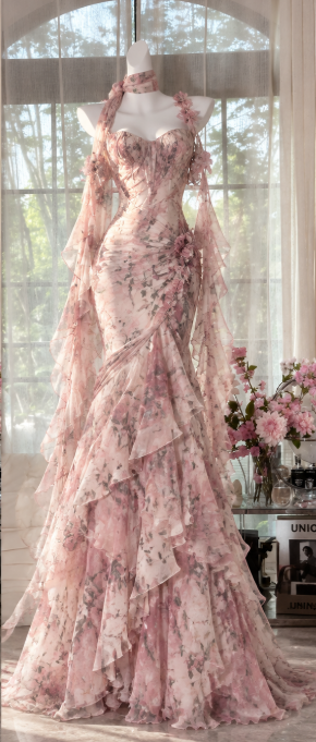 Glam Pink Floral Prom Dress Sheath Chiffon Long Evening Dress ED11285