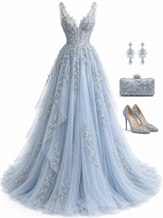 Chic Pale Blue Prom Dress A-Line Tulle Long Evening Dress ED11292