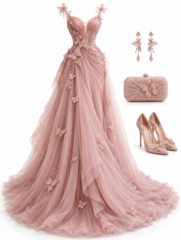 Chic Pink Prom Dress A-Line Tulle Long Evening Dress ED11297