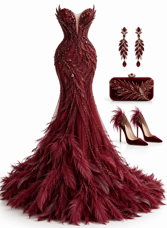 Chic Burgundy Prom Dress Mermaid Tulle Long Evening Dress ED11298