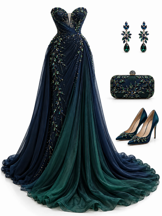 Chic Teal Prom Dress Sheath Tulle Long Evening Dress ED11300