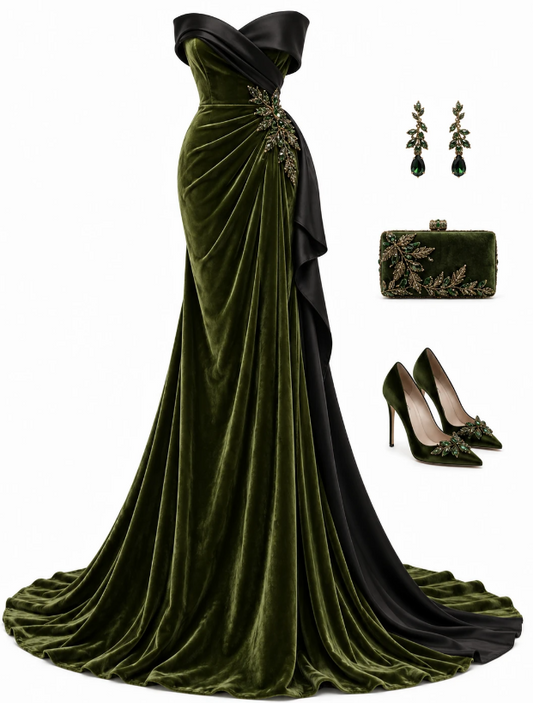 Chic Olive Green Prom Dress Sheath Velvet Long Evening Dress ED11301