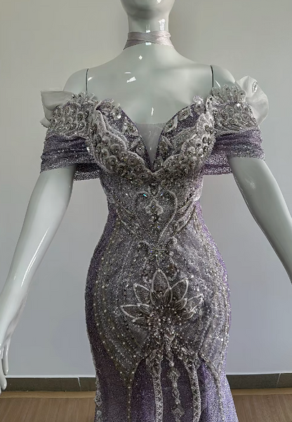 Chic Purple Prom Dress Mermaid Tulle Beaded Long Evening Dress ED11304