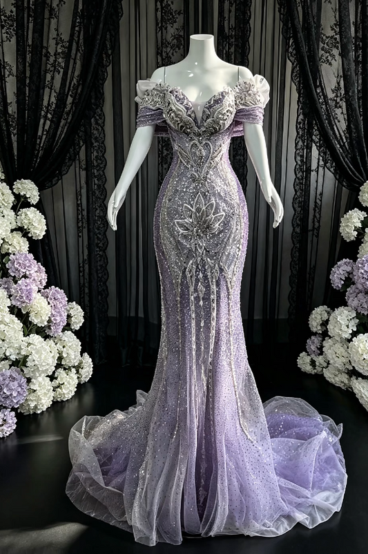 Chic Purple Prom Dress Mermaid Tulle Beaded Long Evening Dress ED11304