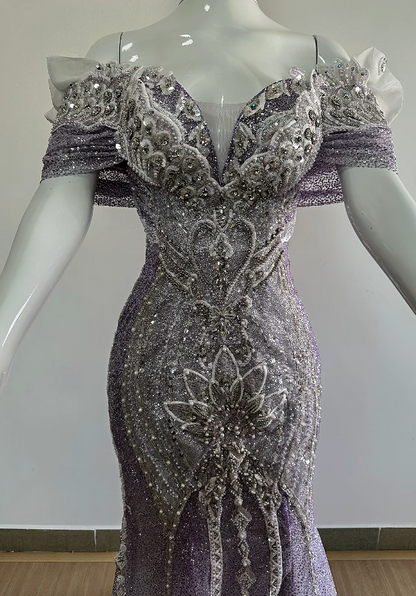 Chic Purple Prom Dress Mermaid Tulle Beaded Long Evening Dress ED11304
