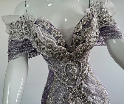 Chic Purple Prom Dress Mermaid Tulle Beaded Long Evening Dress ED11304