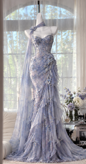 Vintage Blue Floral Prom Dress Sheath Chiffon Long Evening Dress ED11309