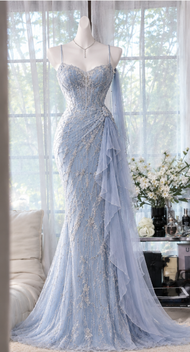 Robe de bal fourreau vintage bleu pâle perlée en mousseline robe de soirée longue ED11312
