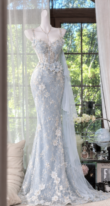 Vintage Pale Blue Prom Dress Sheath Lace Long Evening Dress ED11313
