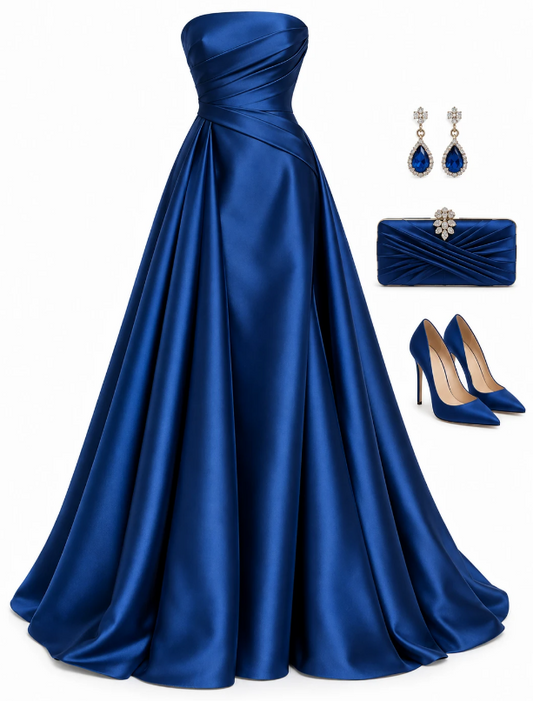 Vintage Navy Blue Prom Dress A-Line Satin Long Evening Dress ED11316