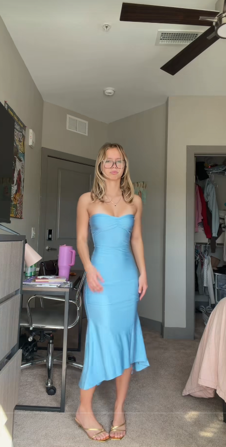 Chic Blue Prom Dress Sheath Satin Evening Dress ED11318