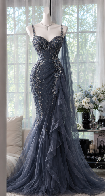 Vintage Navy Blue Prom Dress Sheath Chiffon Evening Dress ED11320