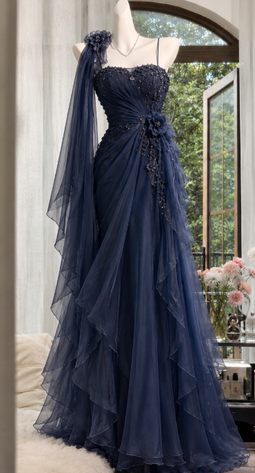 Vintage Navy Blue Prom Dress Sheath Chiffon Evening Dress ED11321