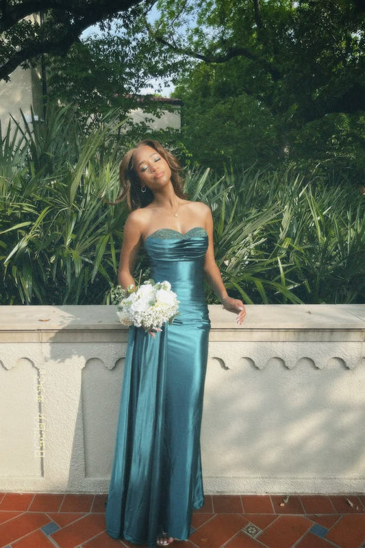 Chic Teal Prom Dress Sheath Satin Evening Dress ED11324