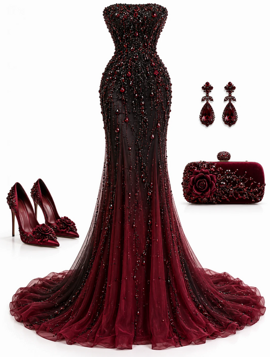 Chic Burgundy Prom Dress Long Sheath Tulle Beaded Evening Dress ED11327