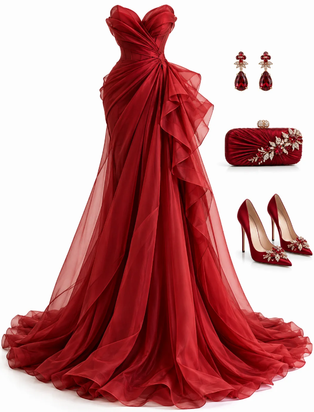 Chic Red Prom Dress Long Sheath Tulle Evening Dress ED11329