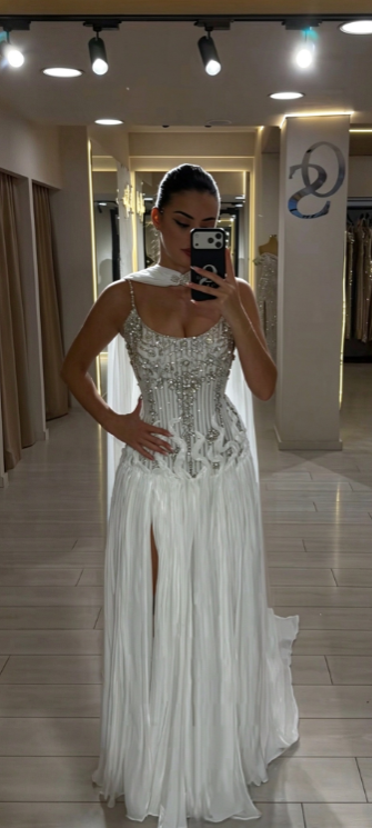 Chic White Prom Dress Long Sheath Chiffon Beaded Evening Dress ED11336
