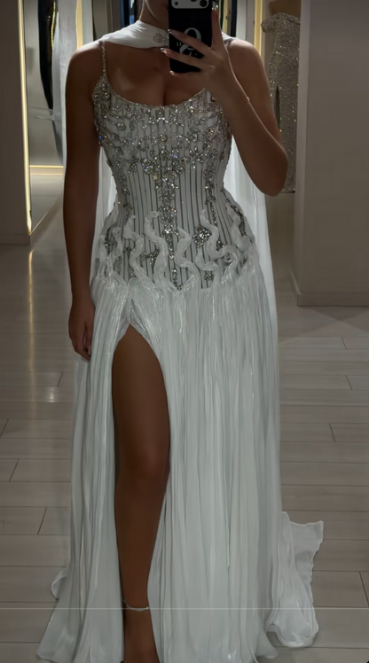 Chic White Prom Dress Long Sheath Chiffon Beaded Evening Dress ED11336