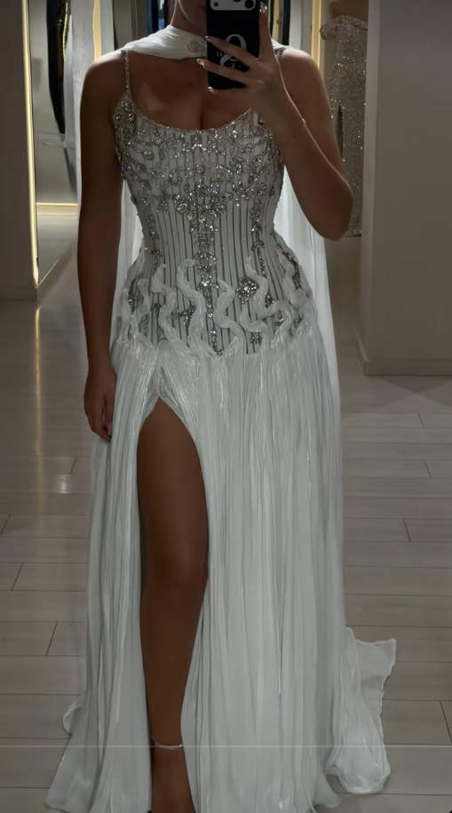 Chic White Prom Dress Long Sheath Chiffon Beaded Evening Dress ED11336