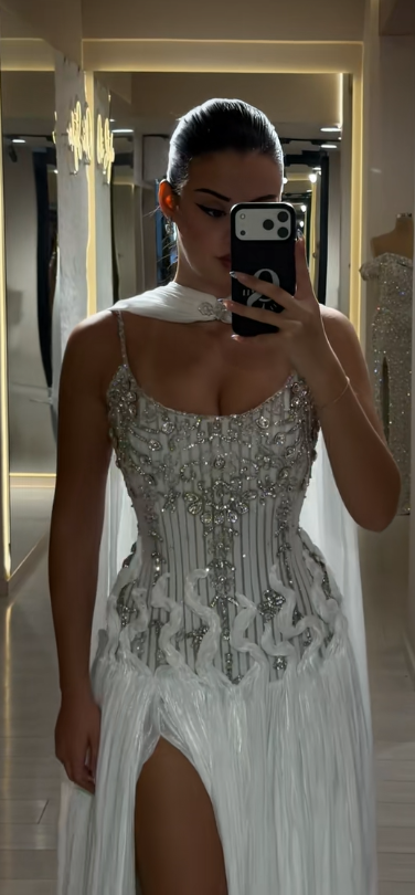 Chic White Prom Dress Long Sheath Chiffon Beaded Evening Dress ED11336