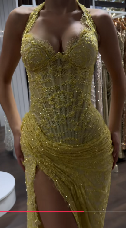 Chic Yellow Prom Dress Long Sheath Lace Evening Dress ED11337