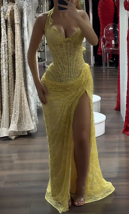 Chic Yellow Prom Dress Long Sheath Lace Evening Dress ED11337