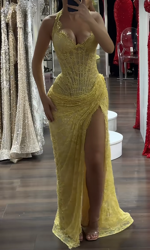 Chic Yellow Prom Dress Long Sheath Lace Evening Dress ED11337