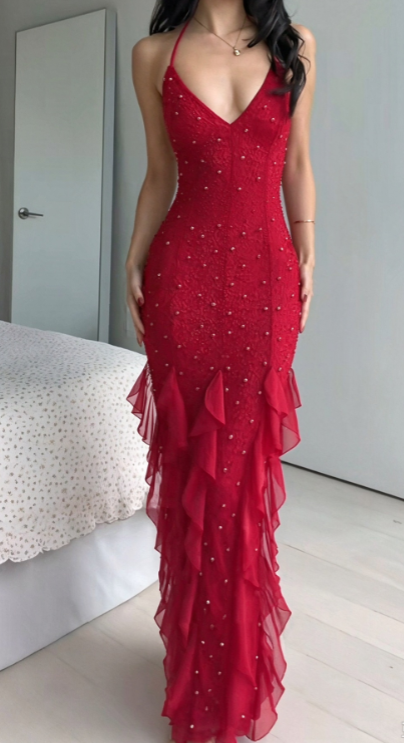 Chic Red Prom Dress Long Sheath Chiffon Evening Dress ED11341