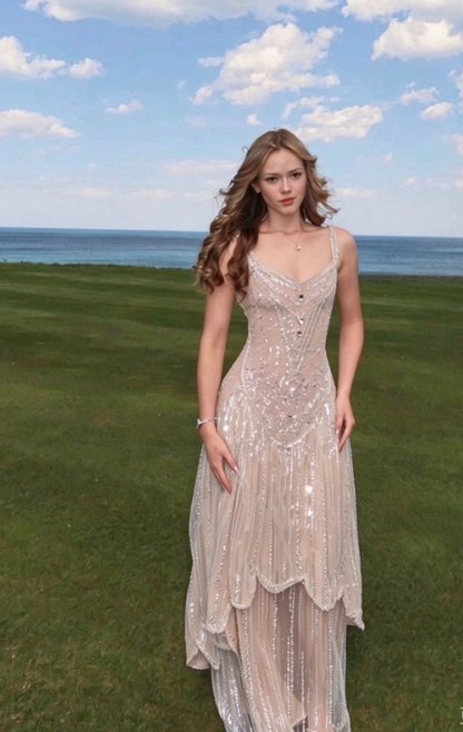 Robe de bal longue chic en tulle et sequins, coupe fourreau, couleur champagne ED11343