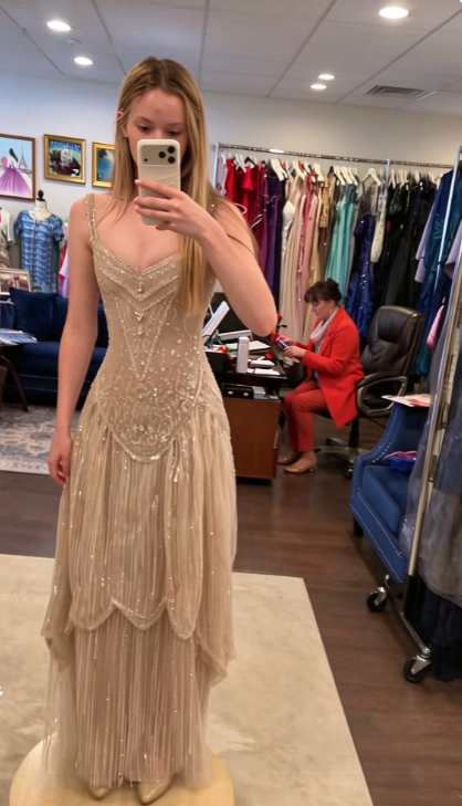 Robe de bal longue chic en tulle et sequins, coupe fourreau, couleur champagne ED11343