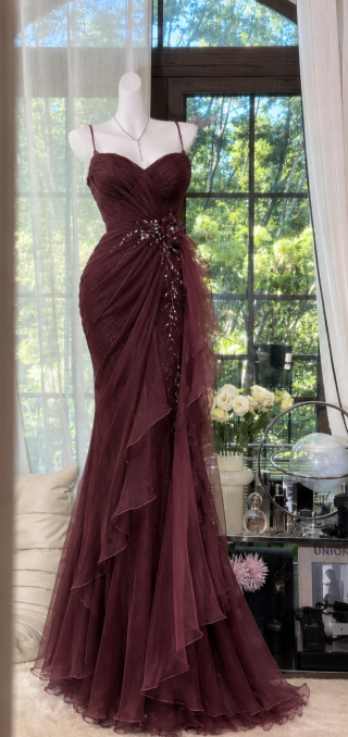 Chic Burgundy Prom Dress Long Sheath Chiffon Evening Dress  ED11349