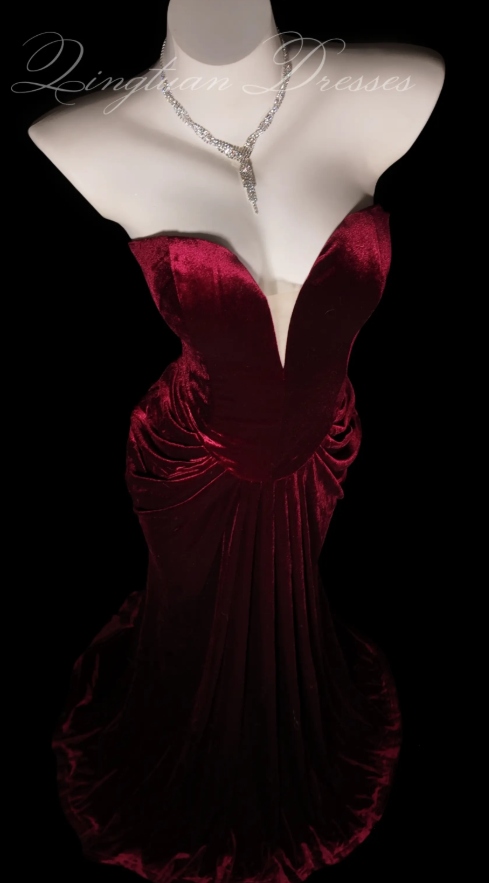 Chic Burgundy Prom Dress Long Sheath Velvet Evening Dress ED11350