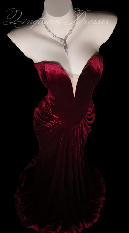 Chic Burgundy Prom Dress Long Sheath Velvet Evening Dress ED11350