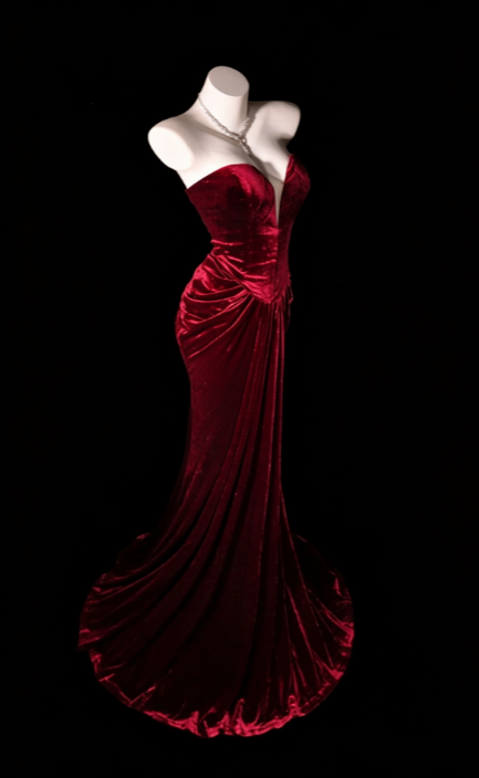Chic Burgundy Prom Dress Long Sheath Velvet Evening Dress ED11350