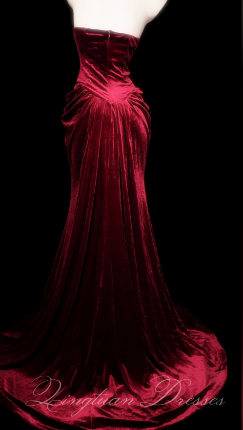 Chic Burgundy Prom Dress Long Sheath Velvet Evening Dress ED11350