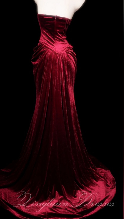 Chic Burgundy Prom Dress Long Sheath Velvet Evening Dress ED11350