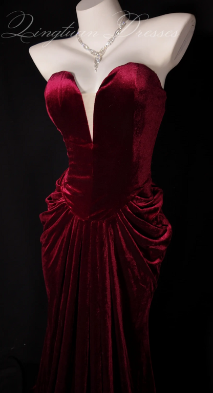 Chic Burgundy Prom Dress Long Sheath Velvet Evening Dress ED11350