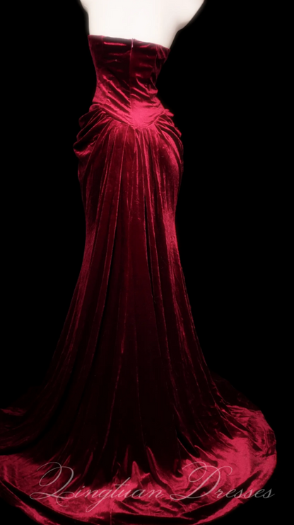 Chic Burgundy Prom Dress Long Sheath Velvet Evening Dress ED11350