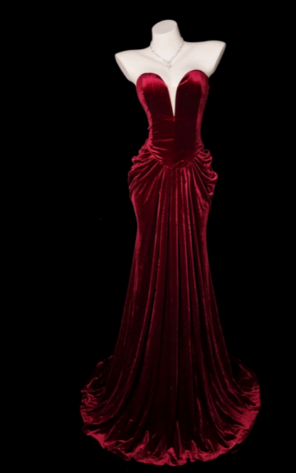Chic Burgundy Prom Dress Long Sheath Velvet Evening Dress ED11350