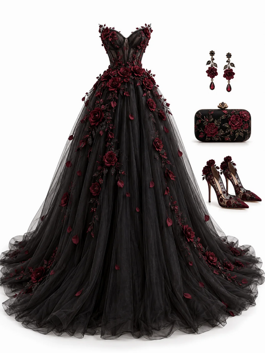 Chic Black Prom Dress Long A-Line Tulle Evening Dress ED11356