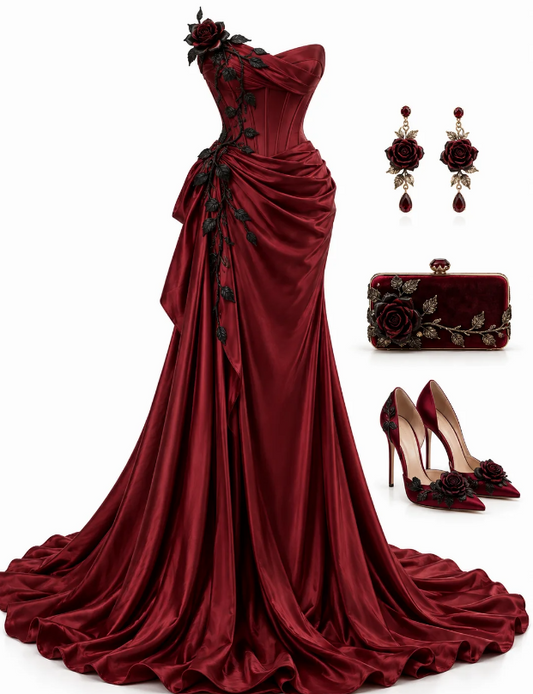 Chic Burgundy Prom Dress Long Sheath Satin Evening Dress ED11358