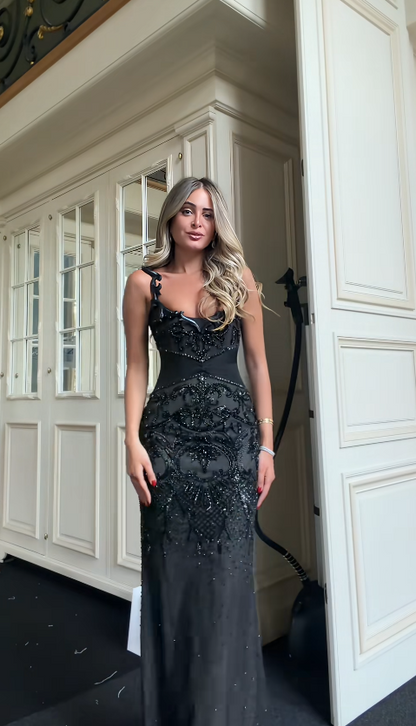 Sublime robe de bal noire fourreau en mousseline perlée, robe de soirée longue ED11366