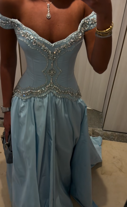 Gorgeous Blue Prom Dress A-Line Satin Beaded Long Evening Dress ED11367